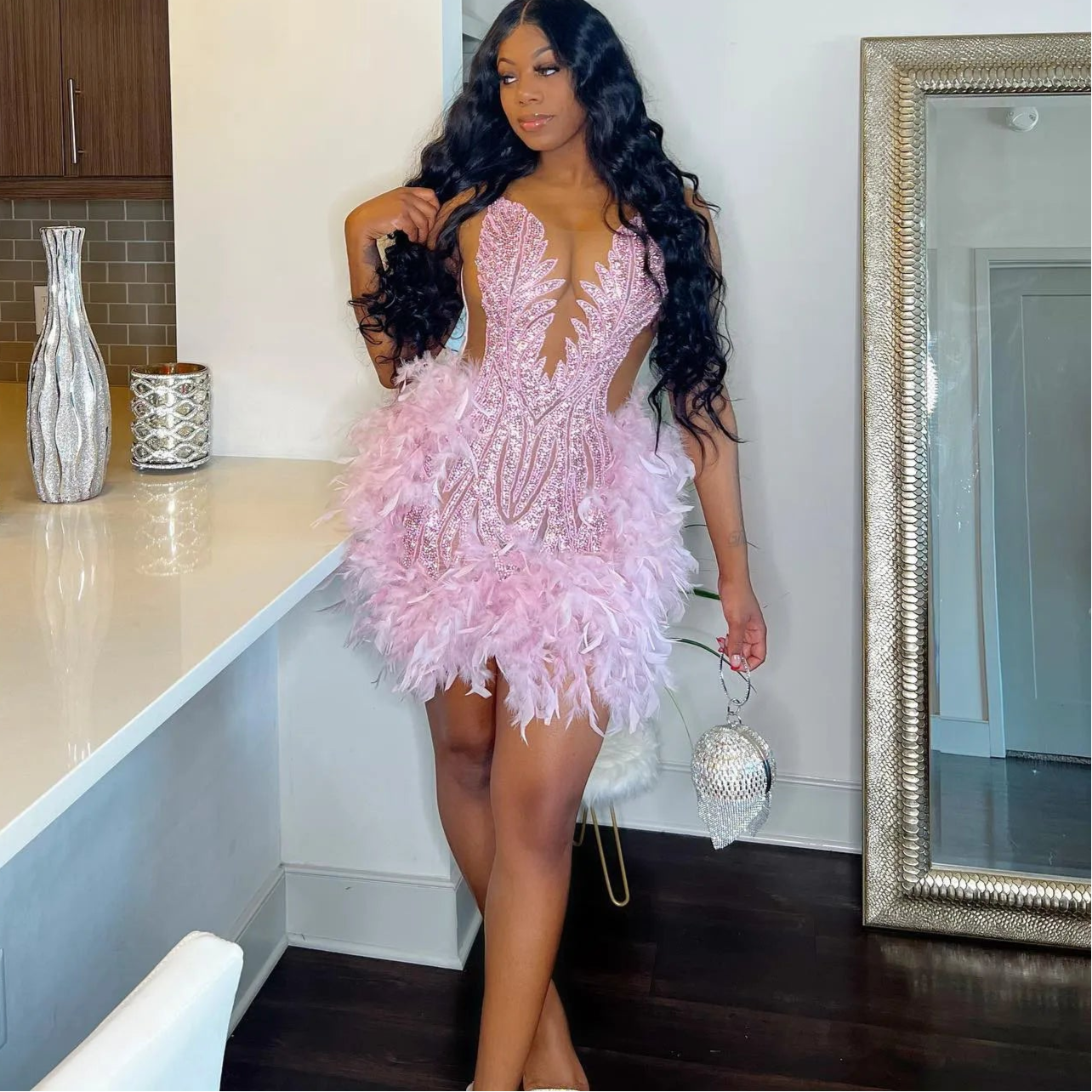 BXOXO Luxury Pink Feather Short Prom Dresses Black Girls Sexy Sheer Neck Beaded Mermaid Mini Cocktail Gowns for Birthday Party