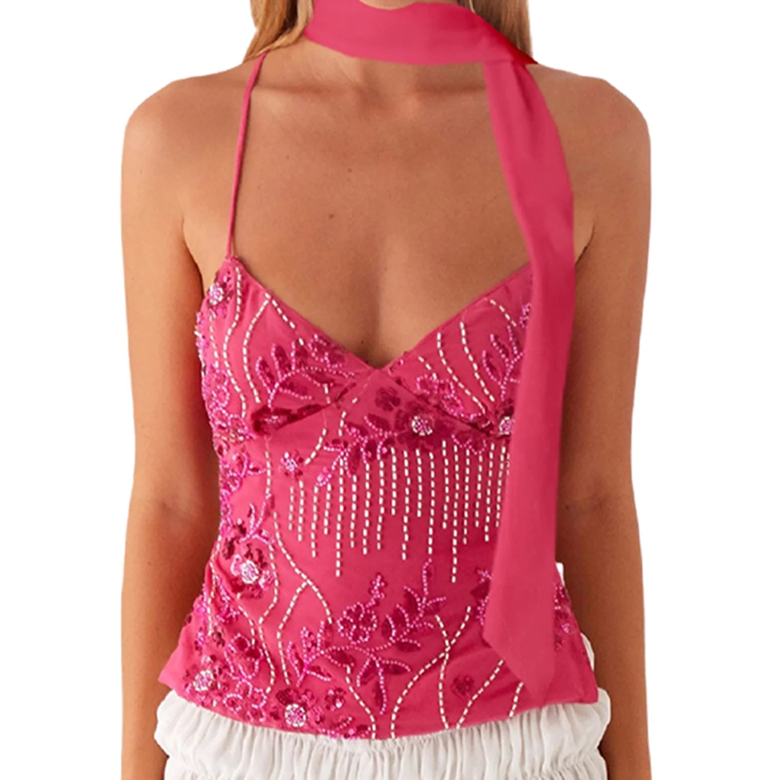 BXOXO Sequin Halter Crop Tops for Women Y2k Pearl Embellished Cami Tops Summer Glitter V Neck Rhinestone Camisole Tank Shirt