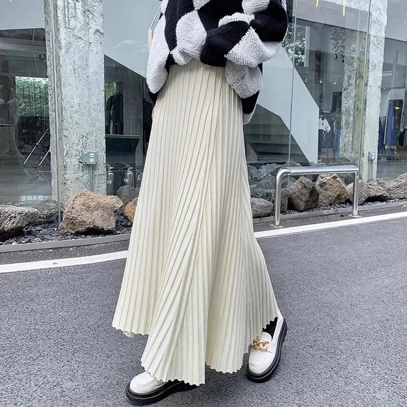 Bxoxo Winter Thickening Wool Blend Warm Maxi Long Rib Knitted Skirt Draping Large Swing Skirt