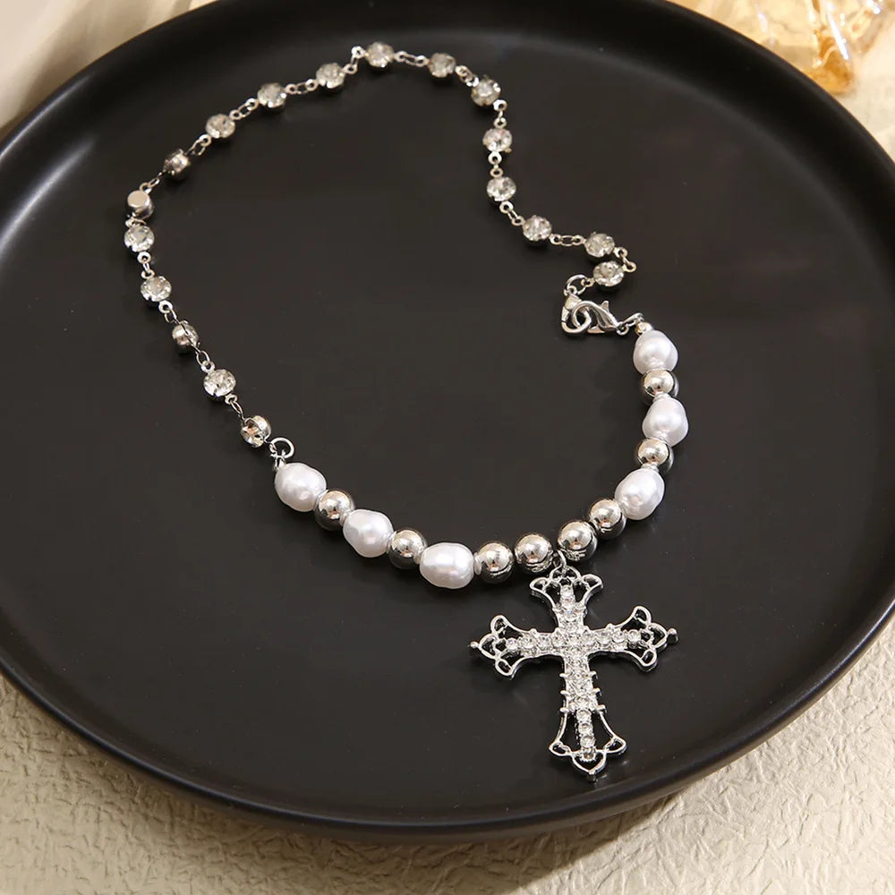 BXOXO Gothic Acrylic Crystal Cross Pendant Necklace Punk Metal Bead Imitation Baroque Pearl Chain Necklace For Women Elegant Jewelry