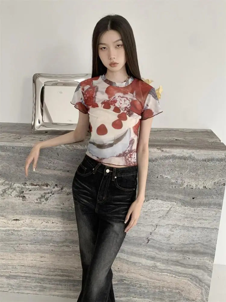 BXOXO Chic See Through Mesh Tops Short Sleeve Crop Top T Shirt Print Cake Graphic Tees Women Clothes Korean Style E Girl Y2k