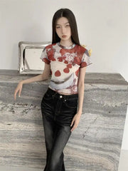 BXOXO Chic See Through Mesh Tops Short Sleeve Crop Top T Shirt Print Cake Graphic Tees Women Clothes Korean Style E Girl Y2k