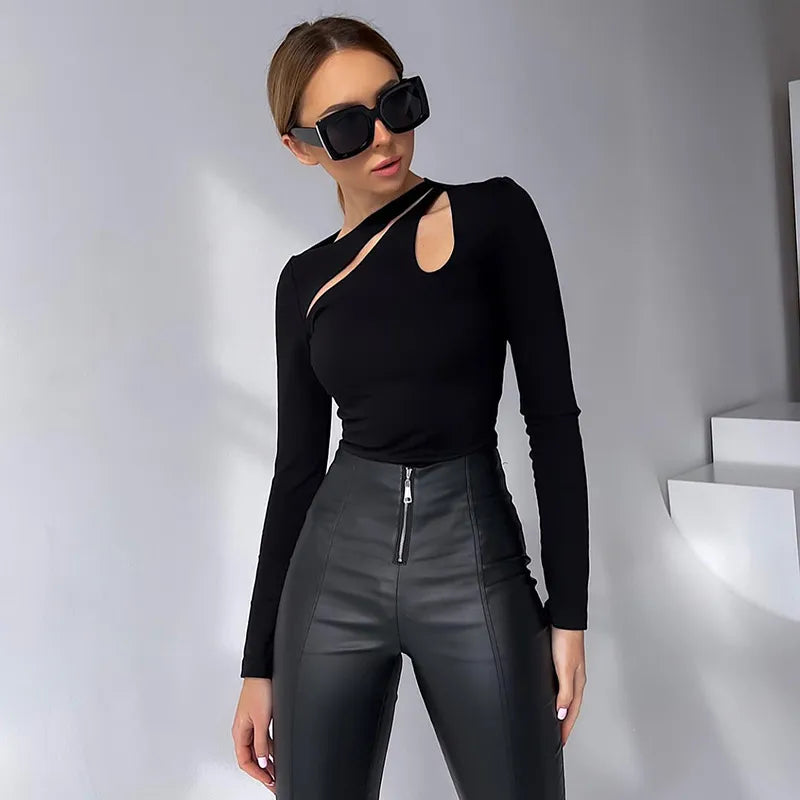 BXOXO Cut Out T Shirt Long Sleeve Top Women Solid Black T-Shirts Autumn Winter Clothes Solid Basic White Streetwear Blue Crop Top