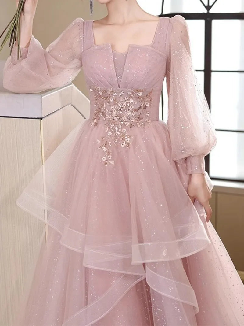 BXOXO CustomizedShiny Pink Tulle Evening Dresses Elegant Banquet Party Long Sleeve Dresses Engagement Luxury Square Collar Appliques B