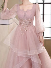 BXOXO CustomizedShiny Pink Tulle Evening Dresses Elegant Banquet Party Long Sleeve Dresses Engagement Luxury Square Collar Appliques B