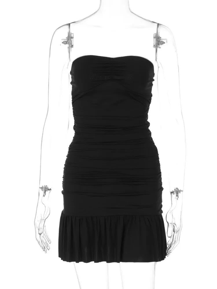 BXOXO  Sexy Sleeveless Backless Pleated Ruffle Side Slim Fit Off-shoulder Mini Dress For Women Bodycon Strapless Party Dress