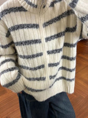 Bxoxo Lazy Wind Vintage Striped Cardigan Women Casual Preppy Style Loose Knitted Sweaters Japan Retro Stand Up Collar Long Sleeve Tops