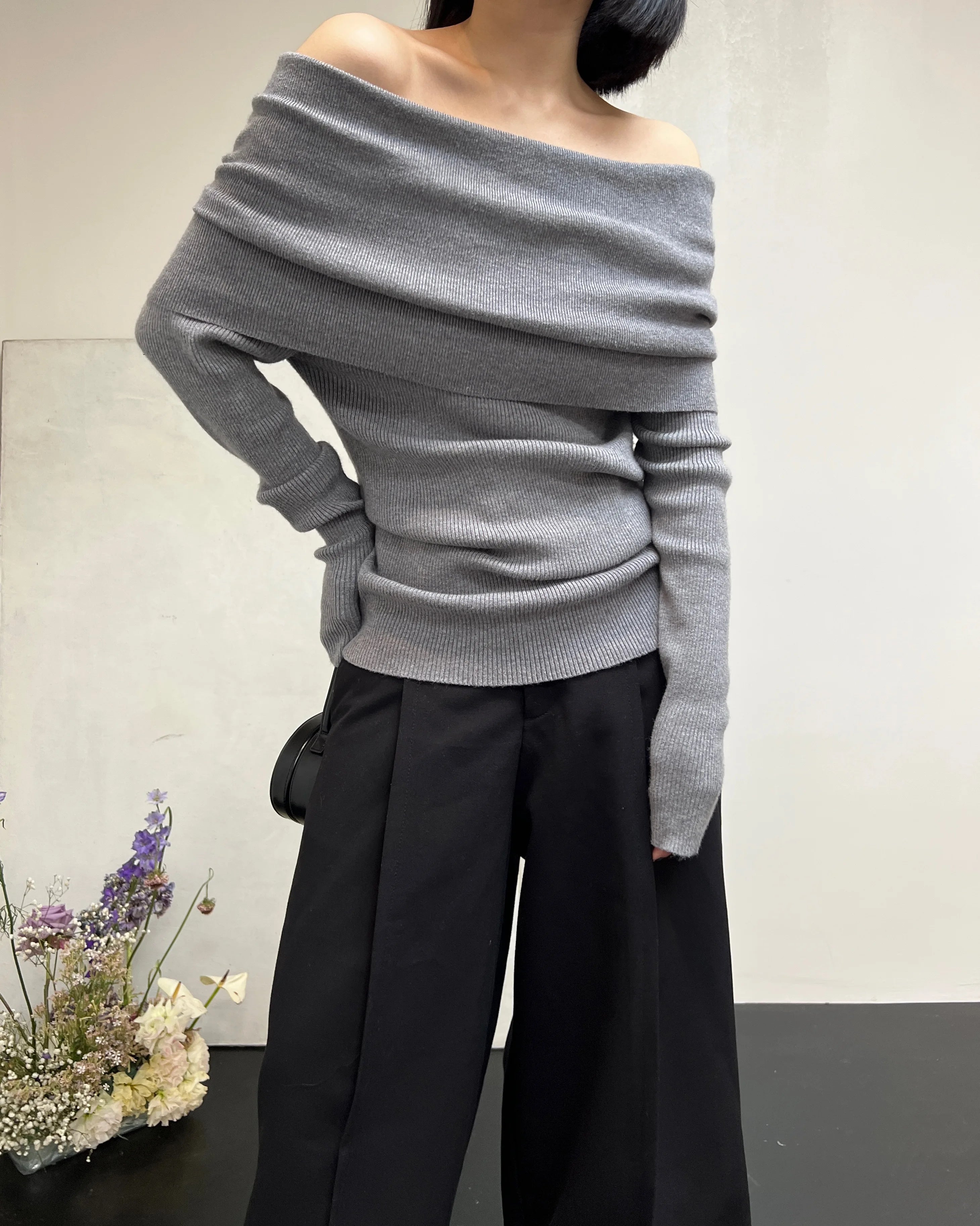 Bxoxo Spring Autumn Off Shoulder Women Sweaters Elegant Vintage Knitted Solid Jumper High Stretch Top  C-038