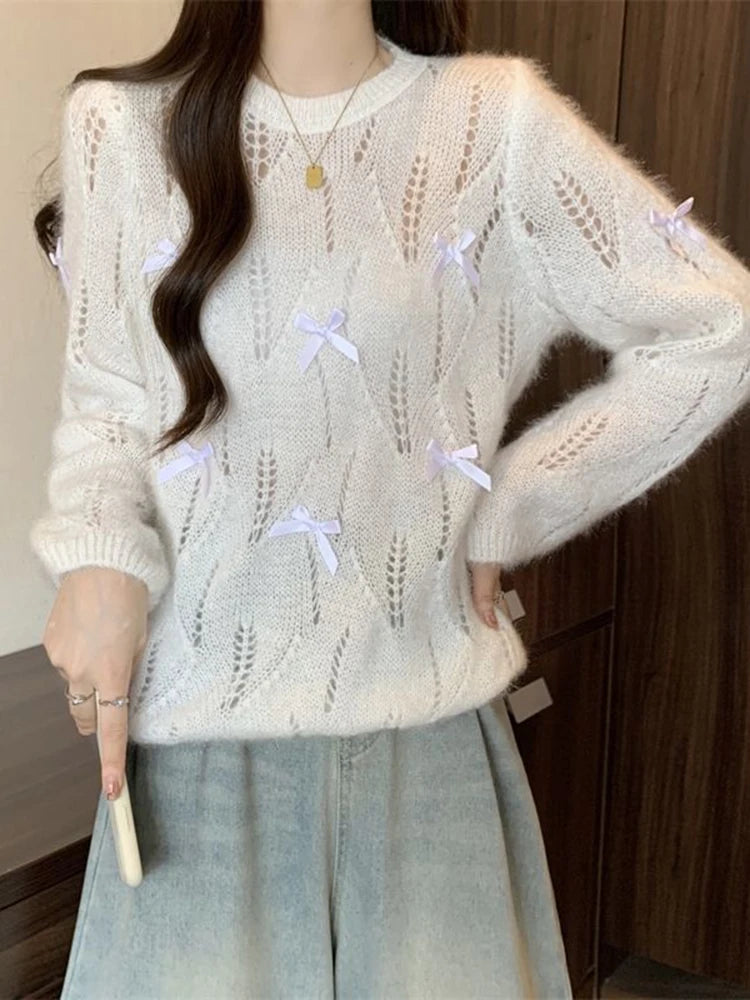 Bxoxo Sweet Bow Hollow Out Sweaters Women Korean Fashion Gradient Long Sleeve Knitted Pullover Preppy Style Loose Elegant Cute Jumpers