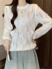 Bxoxo Sweet Bow Hollow Out Sweaters Women Korean Fashion Gradient Long Sleeve Knitted Pullover Preppy Style Loose Elegant Cute Jumpers