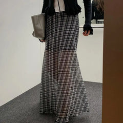 Bxoxo Vintage Plaid Skirt Women Korean Style Y2k Mesh Long Skirts Elegant Sweet Harajuku Retro Fashion Skirts Streetwear