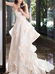 Bxoxo Elegant Dress For Women Satin Strapless 3D Flower Spliced Solid Color Asymmetrical Female Party Dresses 15DZ376