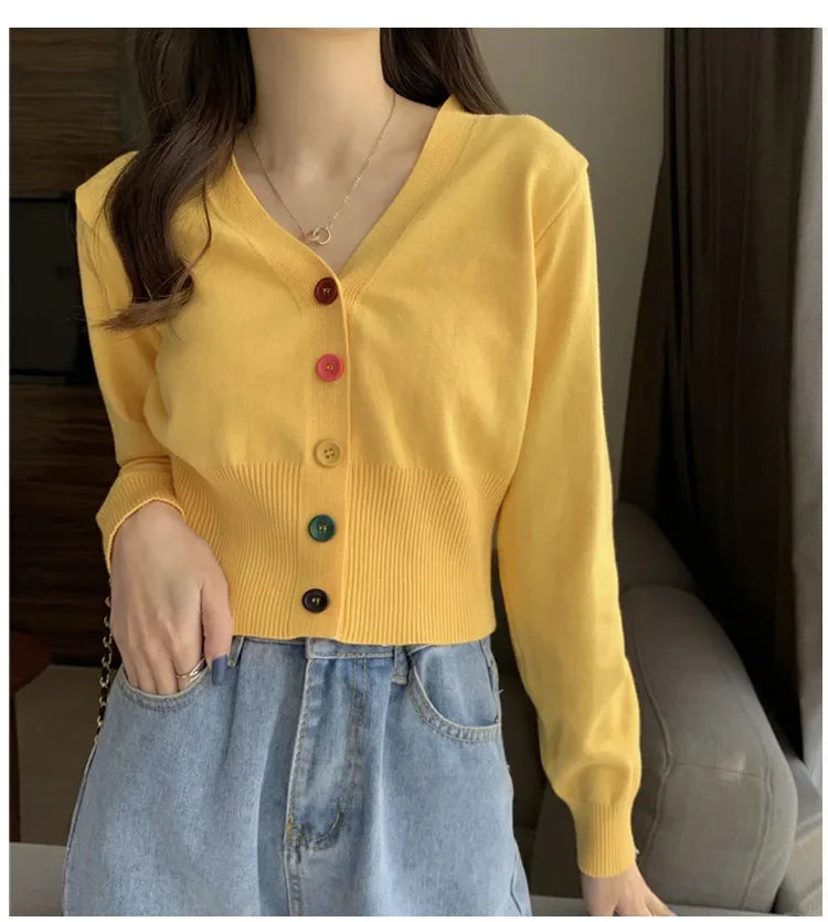 Bxoxo Autumn and Winter Little Fresh Colorful Buttons Younger Slim-Fit Slimming V-Collar Cardigan Long-Sleeved Sweater Top for Women