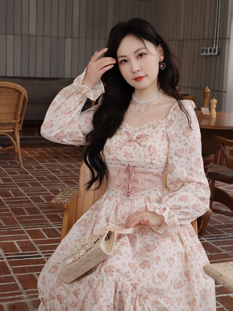 BXOXO Spring Pink Floral Elegant Dress Women Bandage Lace Print Sweet Vintage Dress Puff Sleeve Kawaii Dress Women Princess Fairy