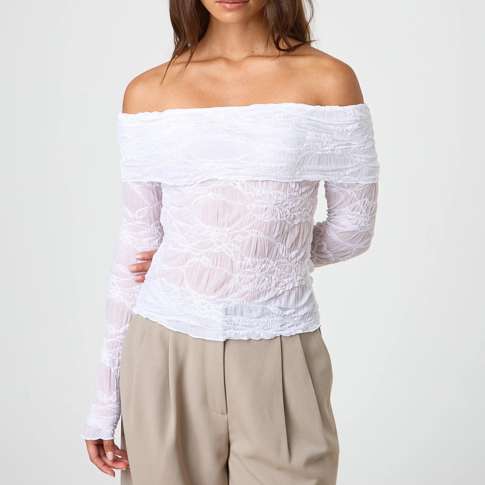 BXOXO Womens Off Shoulder Sheer Tops Floral Lace Chest Folding Boat Neck Long Sleeve Casual T-Shirt for Parties Streetwear