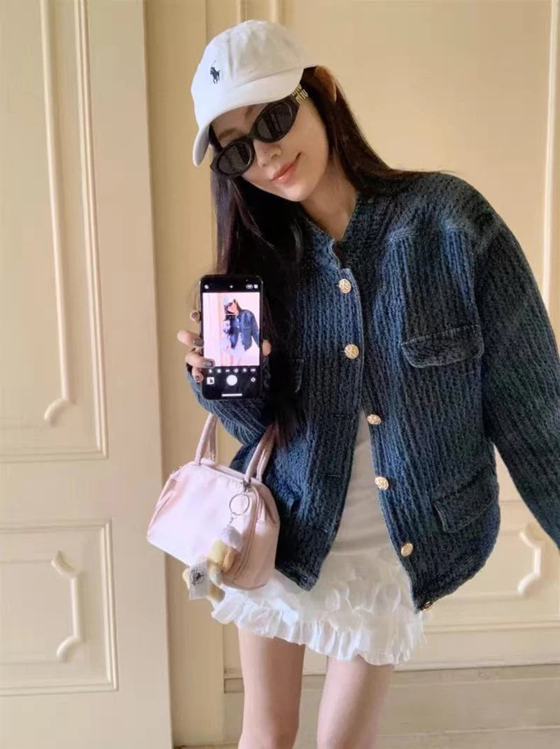 Bxoxo Vintage Stand Collar Denim Jacket Women Autumn Loose Streetwear Single Breasted Coats Y2K Korean Chic Long Sleeve Casual Outwear