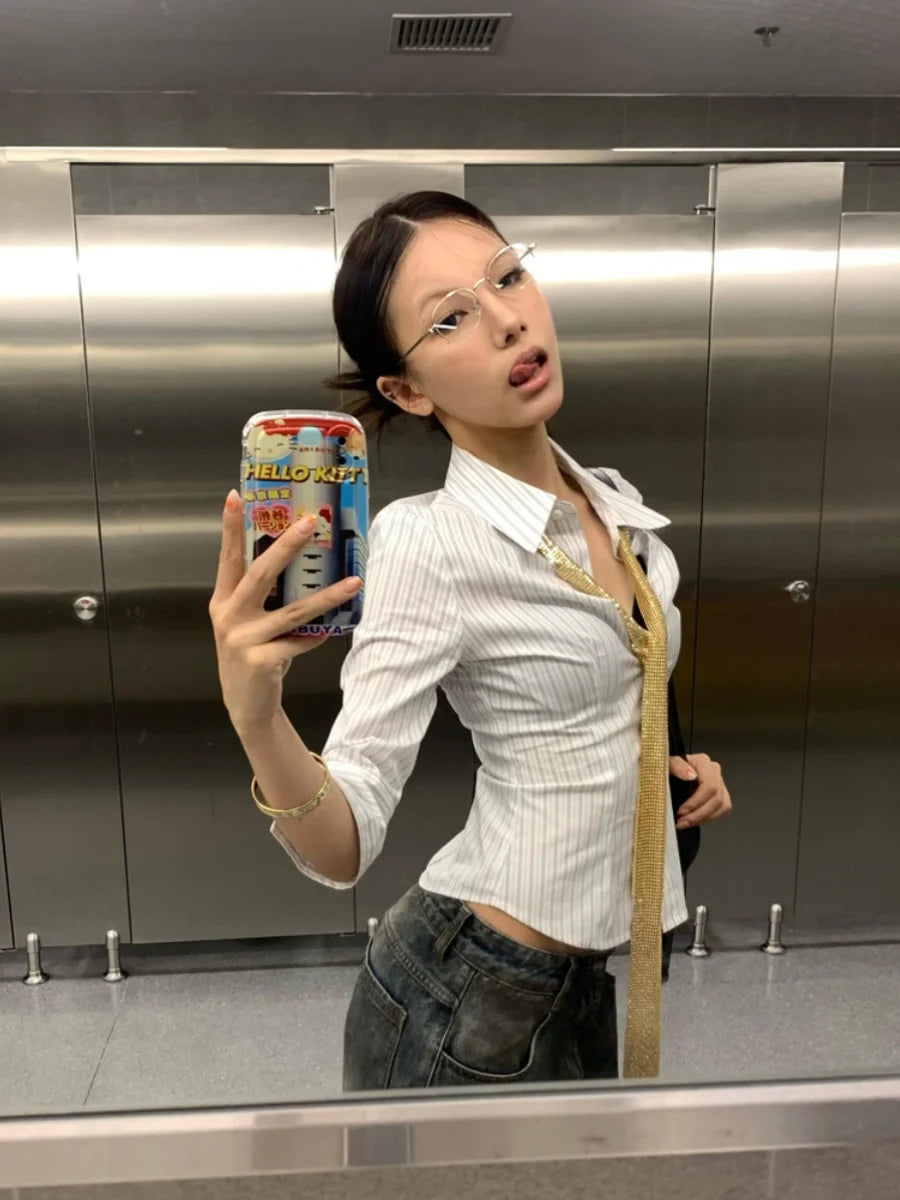 BXOXO Korean Fashion Shirt Women Striped Three Quarter Slim Shirt Y2k Vintage Tops Streetwear Japanese 2000s Retro Shirts
