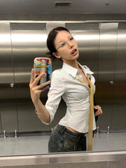 BXOXO Korean Fashion Shirt Women Striped Three Quarter Slim Shirt Y2k Vintage Tops Streetwear Japanese 2000s Retro Shirts