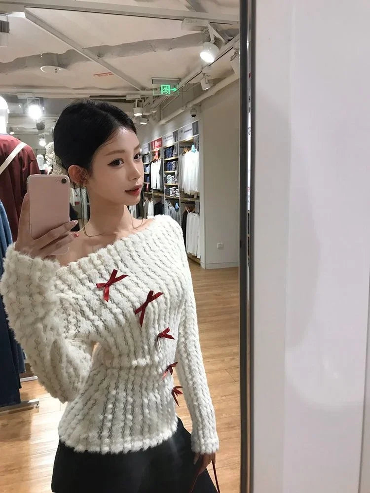 BXOXO Bow Off Shoulder White Knitted Sweater for Women 2025 Early Autumn New Bottoming Tops Mujer Y2k Long Sleeved Pullovers T Shirts