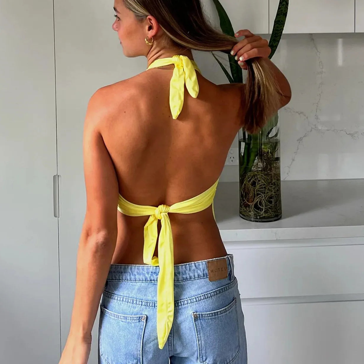 BXOXO Y2K Summer Crop Tops Women's Halter Neck Tank Tops Sleeveless Tie Back Solid Color Slim Fit Top Party Shirts Basic Streetwear