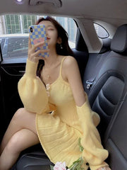 Bxoxo  Korean Autumn Winter Sweet Knitted Two Piece Dress Set Women Strap +Casual Coat Dress Set Style Solid Dress Suit
