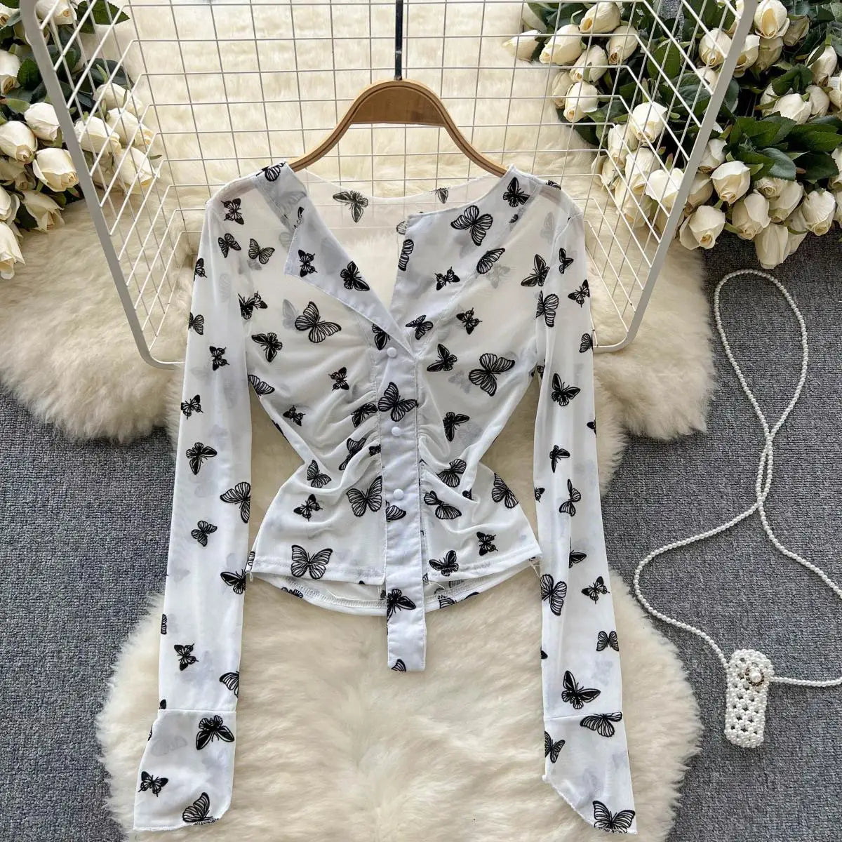 Bxoxo Butterfly Print Blouse Summer Long Sleeve V Neck Y2K 2024 Slim Vacation Ladies High Street Fashion Casual Shirt