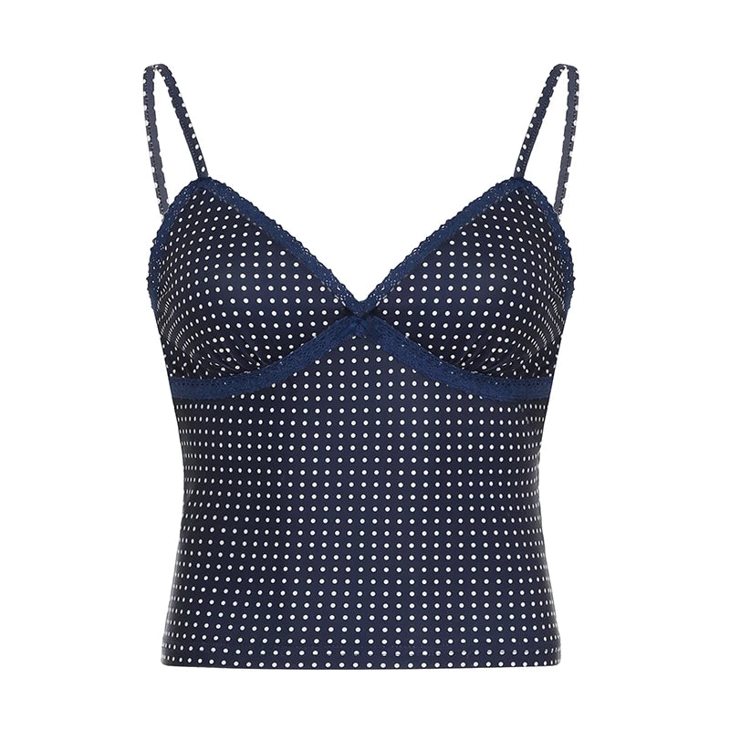 BXOXO y2k Polka Dot Crop Top Casual Lace Stitching Sleeveless Skinny Strap Tops Women Basic Camisole Streetwear Tees Aesthetic