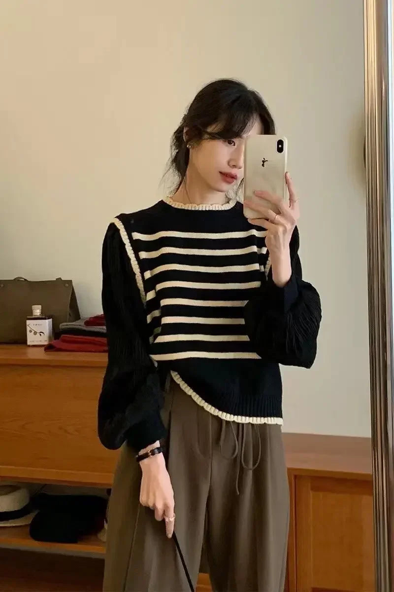 Bxoxo women Black and white striped fake two-piece knitted sweaters pring and autumn Korean soft glutinous pullover sweater female