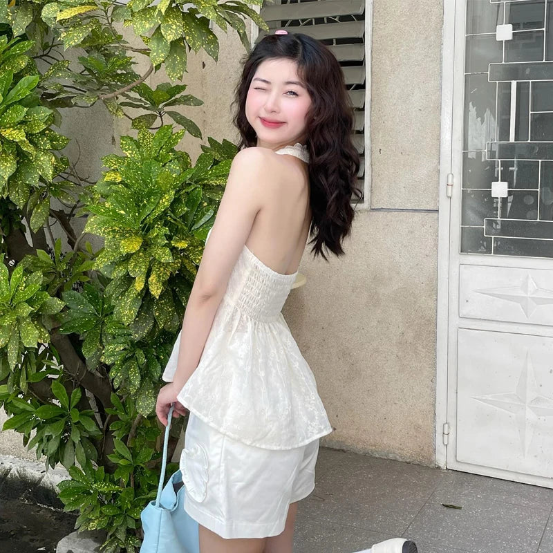 Bxoxo Lace Trim V-Neck Sexy Backless Ruffle Solid Halter Tank Top Y2K Summer Fashion Sweet Cute Daily Outdoor All-Match Camis