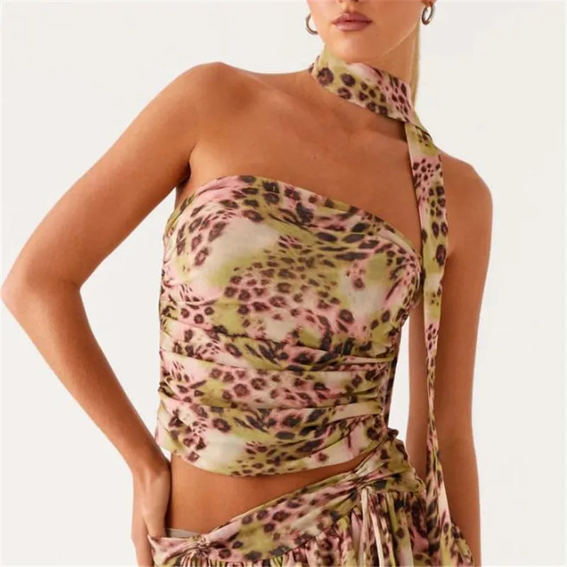 BXOXO Women Y2K Tube Top Mesh Ruched Strapless Crop Top Sexy Floral Print Backless Bandeau Tank Top with Scarf Summer Street