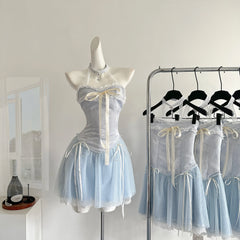 BXOXO Summer Women Y2k Birthday Ballet Core A-line Fairy Dress Mini Lace Frocks One-Piece Korean Evening Lolita Party Shoujo Gyaru