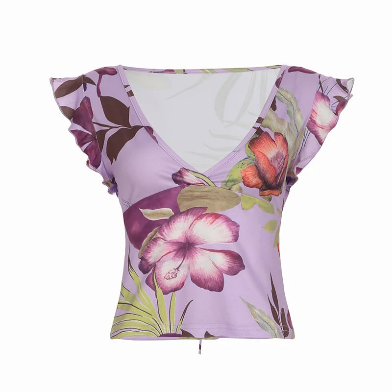 BXOXO Flower Prints V-Neck Butterfly Sleeve Slim Fit T-Shirts Summer Fashion Chic Design Blouses