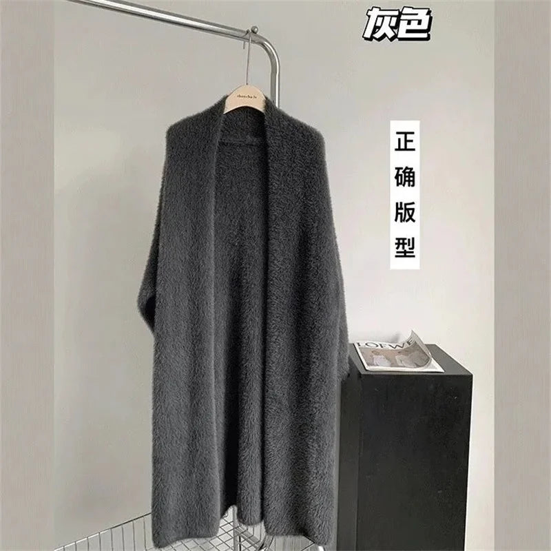 Bxoxo New Imitation Mink Coat Slimming Autumn And Winter Loose Fitting Long Sweater Thickened Lazy Knitted Cardigan Jacket White