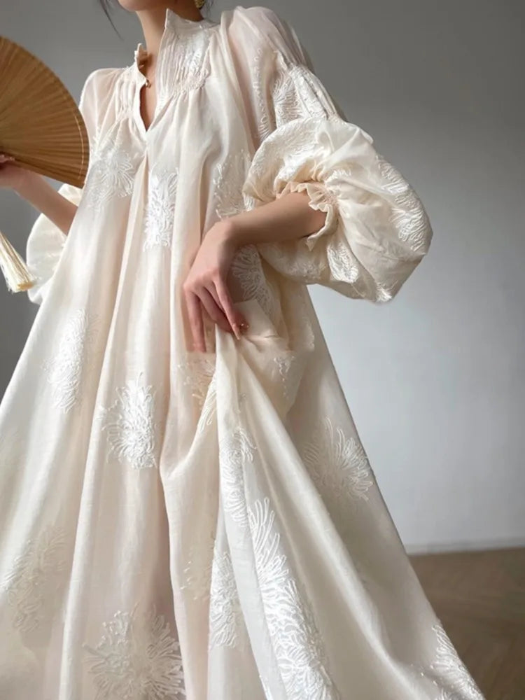 Bxoxo Women France Vintage Embroidery Midi Dress 2025 Spring Autumn Elegant Lantern Sleeve New V Neck Lace Up Vestidos Korean Clothes