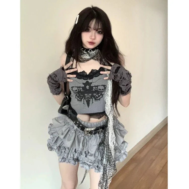 BXOXO Fashion Sweet Lace Slim Fit Camisole Tops Women+ Y2k Kpop High Waist Ruched Cake Skirts 2025 Summer New Two Piece Sets
