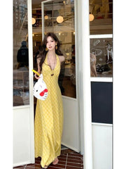 Bxoxo Elegant Sweet V-neck Long Dress Women Butter Yellow Casual Sexy Beach Midi Dresses Korean Style Lace Up Dress Backless