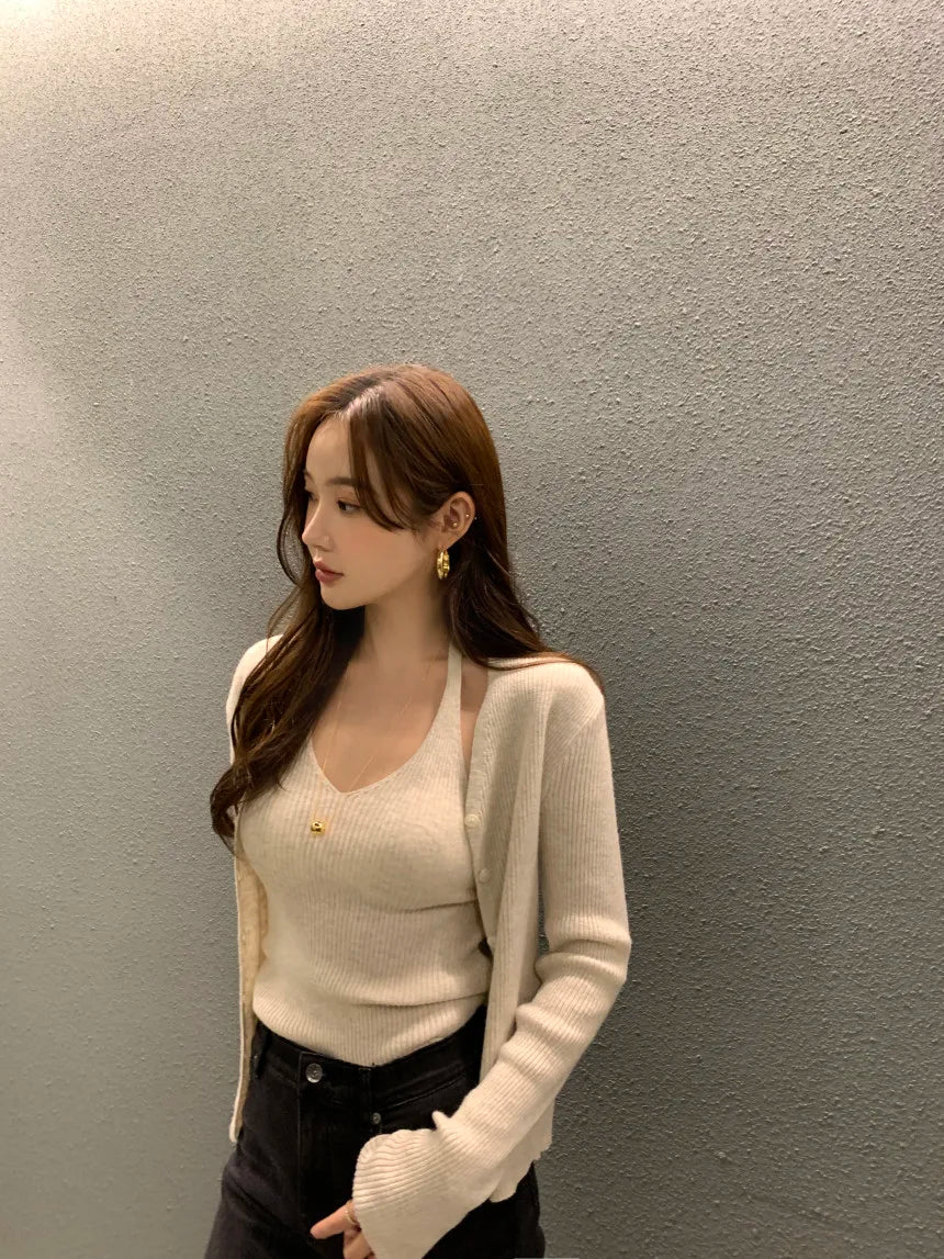Bxoxo Chic Autumn New Vintage V-Ne Knitted Vest And Ele Sweater Cardigan Two-Piece Set Polyester Fiber Commute Sle