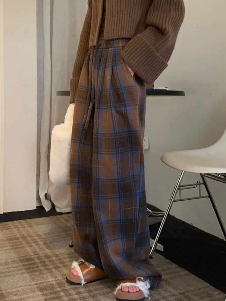 Bxoxo Faux Woolen Warm Plaid Pants Women Vintage Harajuku High Waist Wide Leg Trousers Streetwear Retro Loose Casual Fall Winter Pant