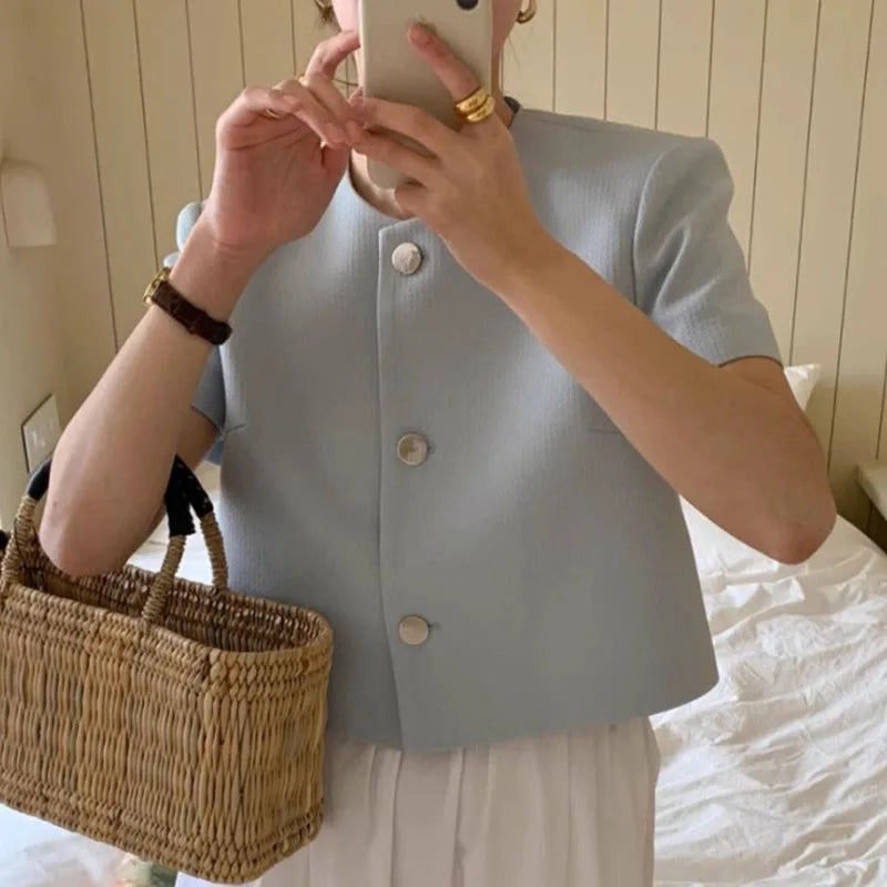 Bxoxo Korean Chic Short Sleeve Jacket Women Summer Fashion Single Breasted O Neck Coats Y2K Solid All-Match Ladies Short Jackets