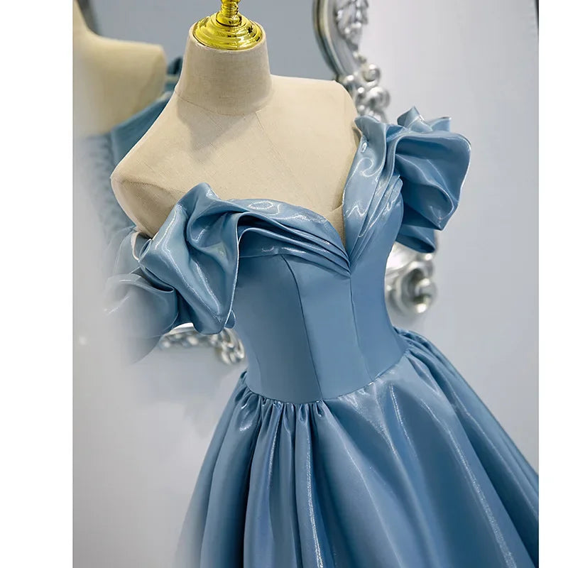 BXOXO New High-End Feel Off-Shoulder Blue Satin French Style Evening Dress For Women's Formal Performance Costume