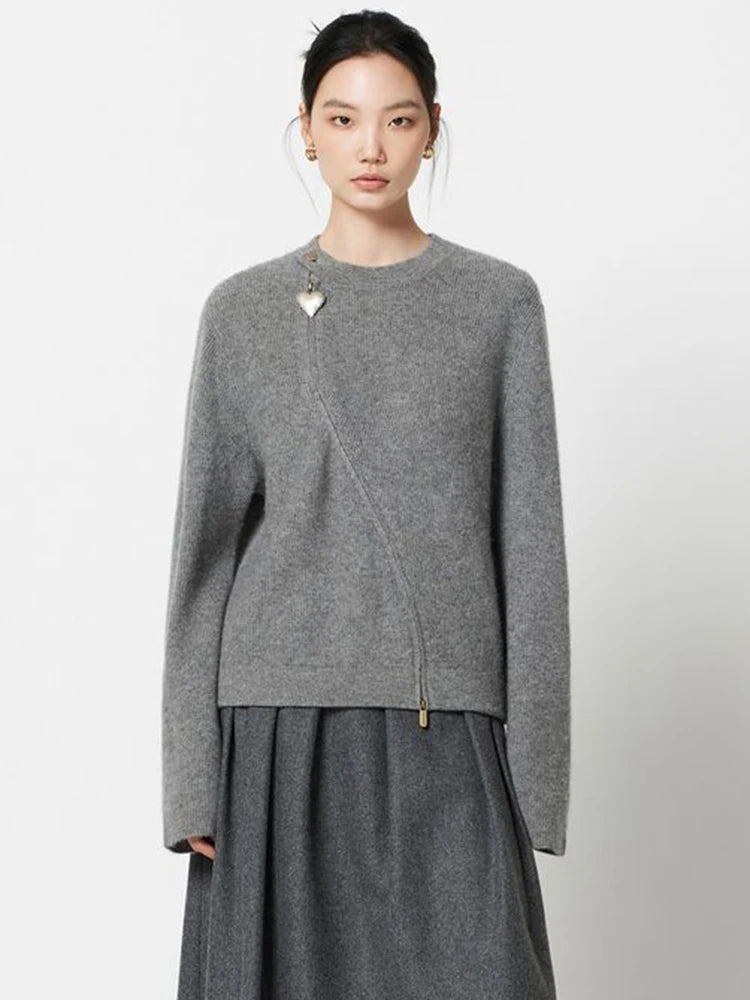 Bxoxo Streetwear Gray Sweaters Women Long Sleeve Vintage O Neck Love Zipper Knitted Cardigan Casual Retro Korean Female Tops Fall