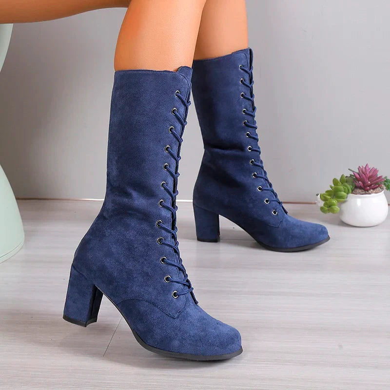 BXOXO New Women Shoes Lace Up Mid-Calf Womens Boots Autumn Winter Thick Heel Solid Flock Ladies Boots Large Size 43 Fashion Boots