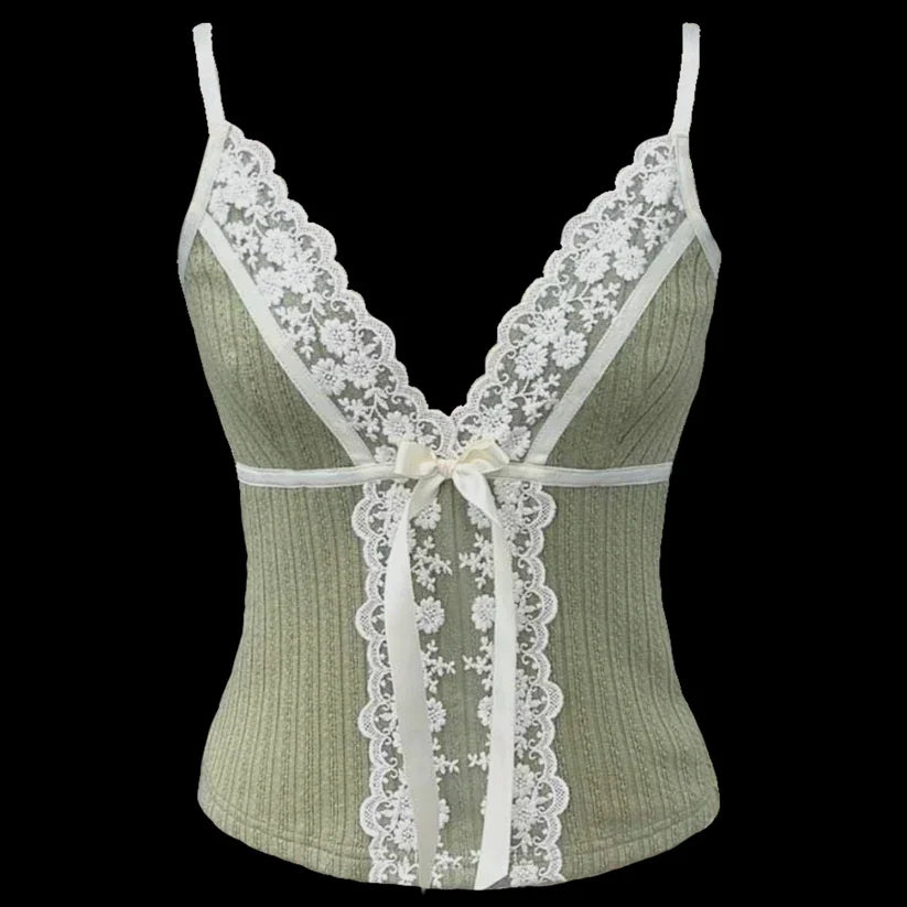 BXOXO Contrast Lace Trim Patchwork Camisole Y2K Aesthetic Bow Tie-up Straps Crop Tops Ribbed Corset Cute Skinny Vest Lolita Tops
