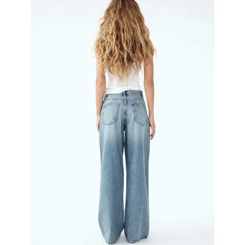 Bxoxo Vintage Basic Irregular Women Jeans Washed Wide Leg Straight Denim Pants Baggy High Waist Asymmetrical Trousers Casual