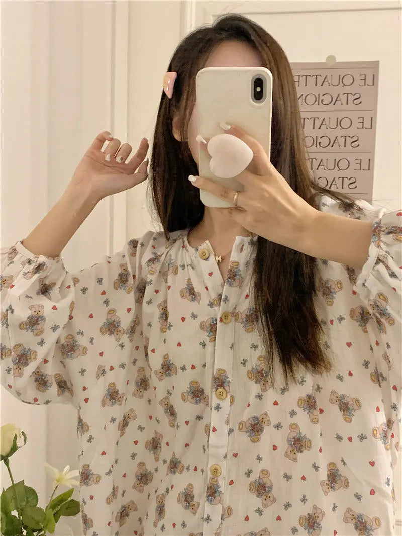 Bxoxo Women's Sweet Cute Pajamas Set Female Korean Style Home Clothing Girl Bear Foral Print Sleepwear Long Sleeve Pant Nightwear 2XL