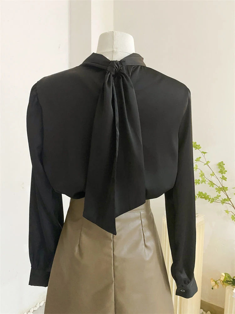 Bxoxo Spring Scarf Collar Women Blouse Fashion Long Sleeve Solid Elegant Office Lady Casual Tops Korean Chic Lace Up All Match Shirt