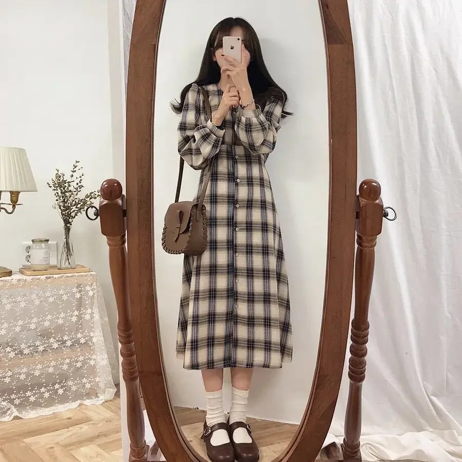 Bxoxo Vintage Plaid Dresses for Women Autumn Winter Full Spring 2025 Elegant Luxury Korean Fashion A Line G X Woman Long Sleeve Dress