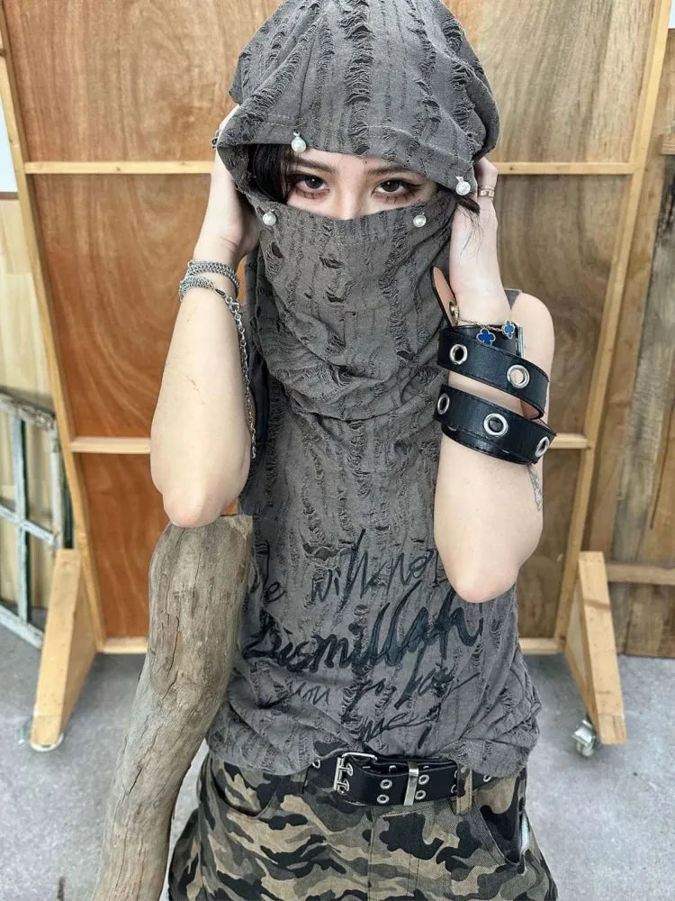 BXOXO Street Hole Hollow Out Tops Women Pearl Button Print Hoodie Tee Shirt Y2k Grunge Slim Fit Sleeveless T-shirts Vest Tanks