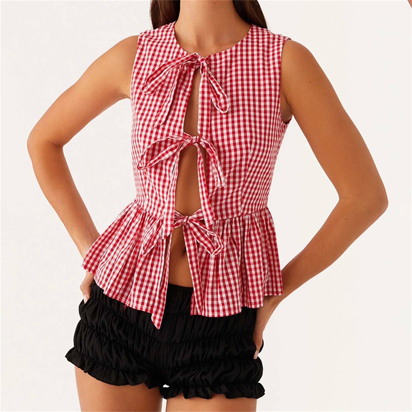 BXOXO Women Y2k Babydoll Tank Top Vintage Tie Side Plaid Sleeveless Peplum Cami Top Summer Going Out Crop Top Streetwear