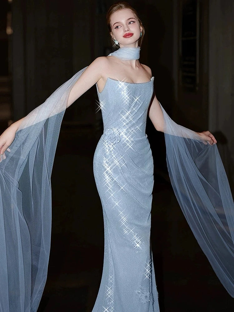 Bxoxo Blue Senior Evening Dress Shiny Sequins Off The Shoulder Sleeveless Mermaid Slim Trailing Backless Party Prom Celebrity Gown